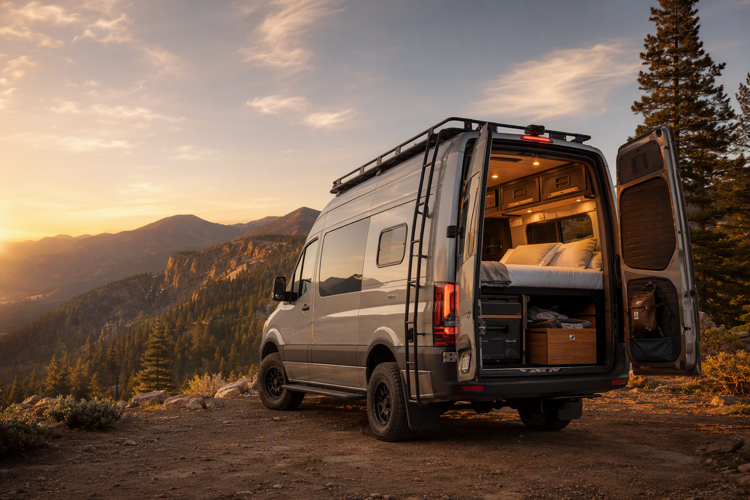 Silver 170-inch Sprinter camper van parked at a mountain overlook at golden hour